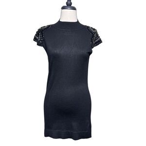 Cache Short Sleeve Mock Turtleneck Embellished Tunic Sweater Medium